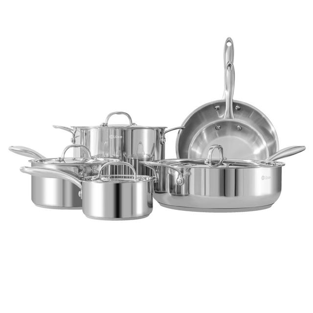 DELUXE Stainless Steel Pots and Pans Set,10 Piece Kitchen Cookware Set Stay-Cool Handle Includes Frying Pan Sauce Pan Stock Pot Saute Pan for Induction/Electric, Gas Stoves Dishwasher Oven Safe