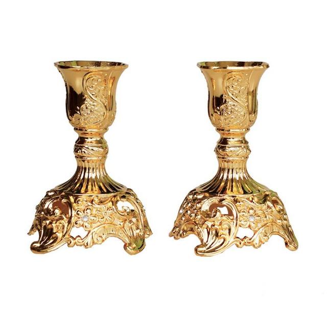 JAZPlayer Gold Taper Candle Holders with Deluxe Engraved Design, Set of 2 Premium Gold Candlestick Holders (Gold)