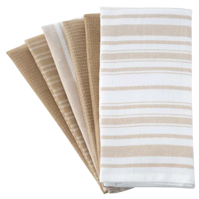 100% Cotton Made Kitchen Towels Set 6-Pk Rectangular Towels with Stylish Designs for Home Kitchen & Everyday Use - 16 x 26 inches Khakhi