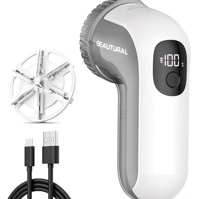 BEAUTURAL Fabric Shaver, Rechargeable Lint Remover, Electric Portable Sweater Defuzzer with 3 Speeds, 6 Leaf Blades, Digital LED Display, Remove Pilling for Clothes, Furniture, Sweater, Couch, Blanket