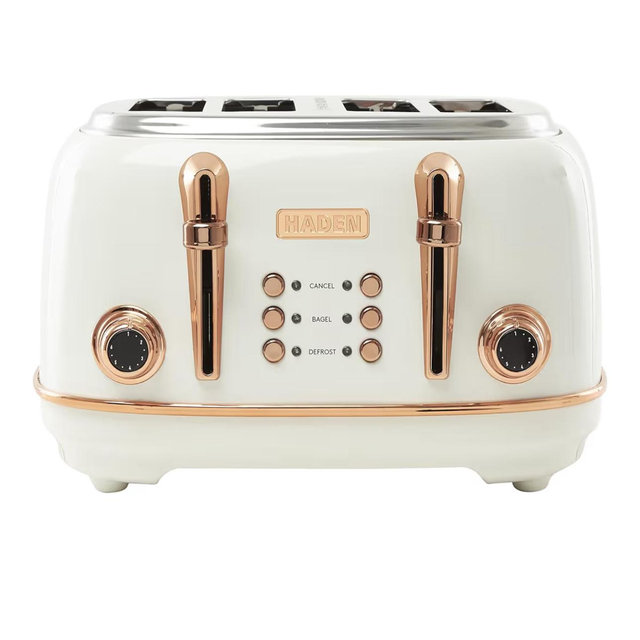 Haden Heritage 4 Slice Wide Slot Stainless Steel Toaster with Adjustable Browning Control & Non-Slip Feet, Ivory & Copper