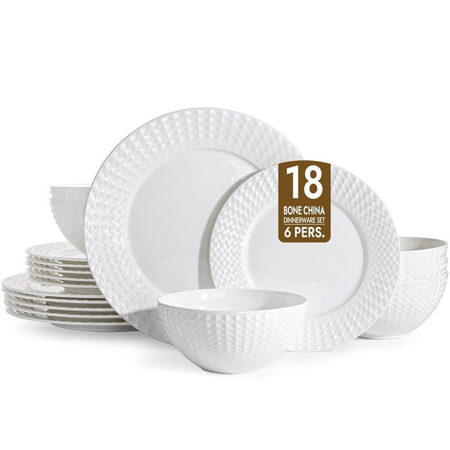 KINGSTONE Bone China Dinnerware Set, 18-Piece White Lightweight Porcelain for 6, Plates and Bowls with Rhombus patterned edge design, Microwave and Dishwasher Safe, for Family, Restaurant, Gifting
