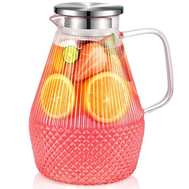 Glass Pitcher, veecom 80oz Glass Pitcher with Lid and Spout, Large Glass Water Pitcher for Juice, Lemonade, Hot&Cold Beverage, Iced Tea Pitcher for Fridge, Heat Resistant Glass Carafe with Brush