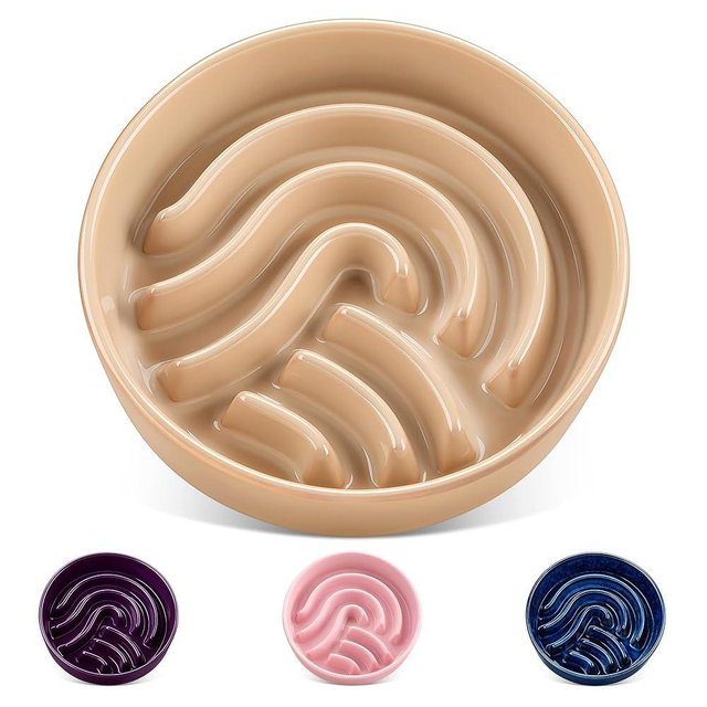 vancasso Slow Feeder Dog Bowl, 1.5 Cup Ceramic Slow Feeding Food Dish for Small and Medium Breed, Puzzle Dog Food Bowl for Fast Eater, Brown