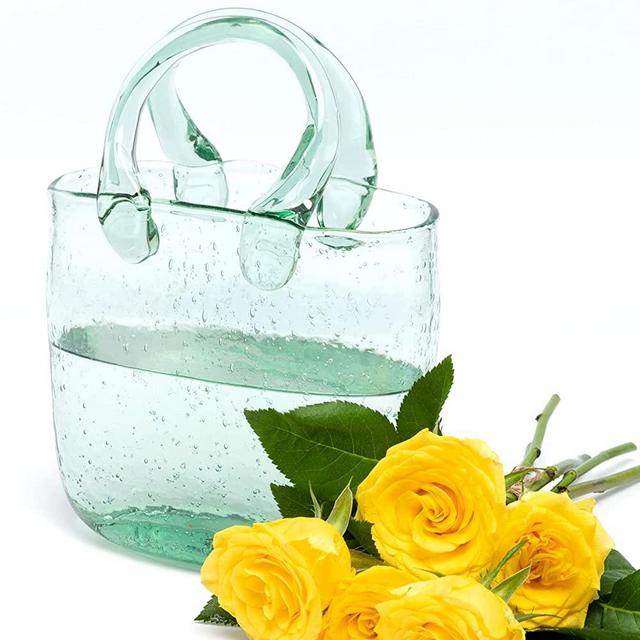 Haetingcare Hand Blown Glass Vase with Unique Design, Clear Glass Vase with Handles in Purse Shape for Decor, Good for Floral Arrangement, Centerpiece & Home Decor