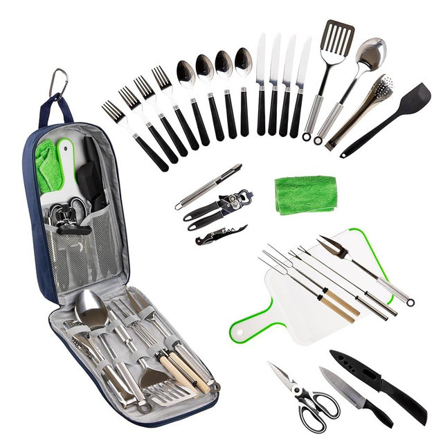 Life 2 Go Camp Cooking Utensil Set & Outdoor Kitchen Gear Cookware Kit, Portable Compact Carry Case for Camping, Hiking, Travel, BBQ Grilling Stainless Steel Accessories Spoon & Fork