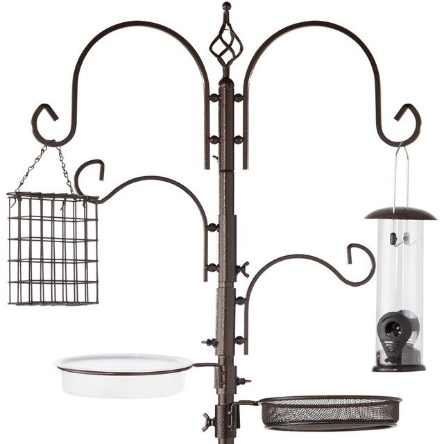 Best Choice Products 91in 4-Hook Bird Feeding Station, Steel Multi-Feeder Stand w/ 2 Feeders, Tray, Bird Bath - Brown