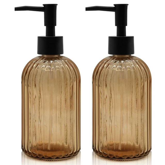 2 Pack 14oz Amber Glass Soap Dispenser with Black Pump – Refillable for Hand Soap, Dish Soap, Lotion, Suited for Kitchen, Bathroom & Laundry Room (Brown)