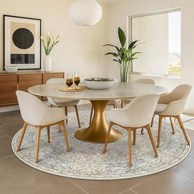 Hazo Haus Classic 7ft Round Beige Blue Rugs for Living Room - Washable Non Slip Floral Area Rugs for Bedroom, Dining Under Table, Kids Room, Home Office, Vintage Indoor Décor