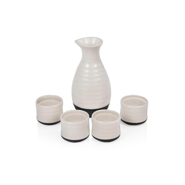 True Fervor 5pcs Ceramic Sake Set, 4 3.5oz Saki Cup Set & 1 8oz Sake Bottle Carafe - Traditional Japanese Tokkuri & Saki Cups Drink Gift - White