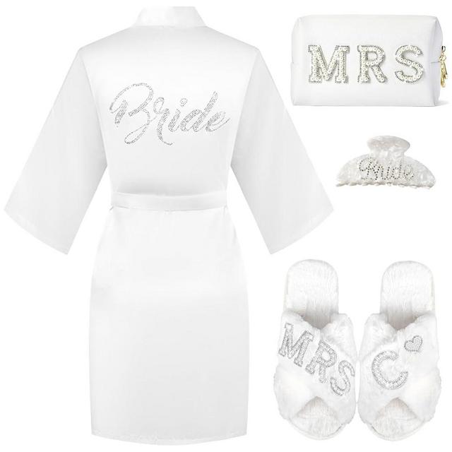 Personalized Initial Wedding Bride Slippers, Bride to Be Gifts, Bridal Shower Gifts, Bride Robe Hair Clip MRS Makeup Bag