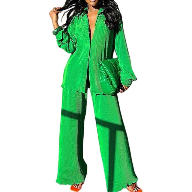 Womens Casual 2 Piece Outfits - Long Sleeve Button Blouse Top Wide Leg Loose Streetwear Loungewear