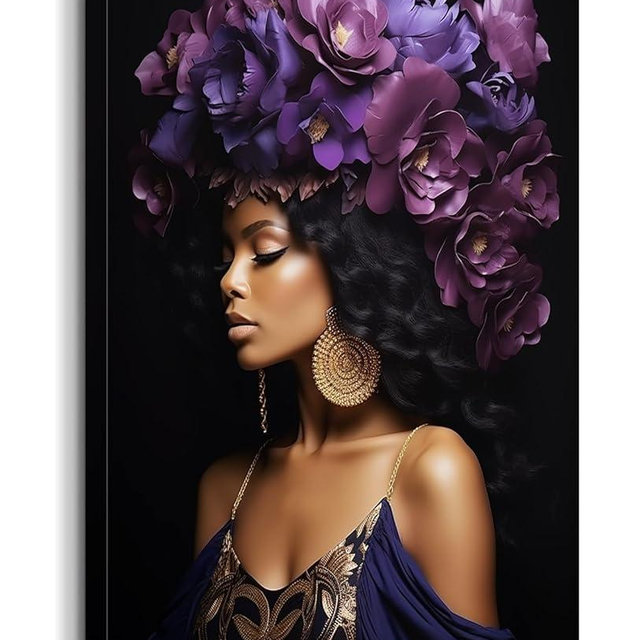 African American Wall Art Bloom Flower on Black Women Head Canvas Print Painting Modern Abstract Girl Picture Portrait Artwork for Bedroom Living Room Decor Framed