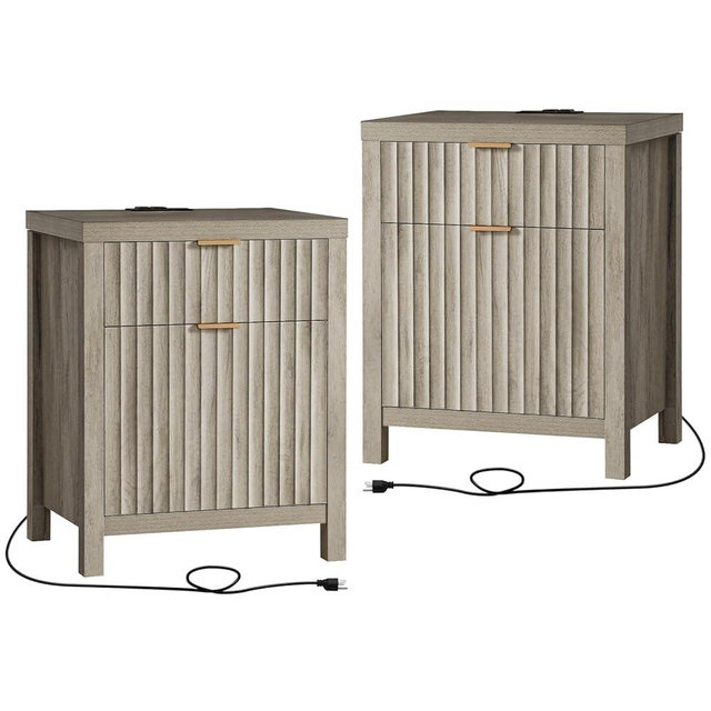 OAKHAM HOME Oxford 2 Drawer Nightstand, End Table with Charging Station, Night Stand with Fluted Panel, Bed Side Table Set of 2 (Grey Oak)