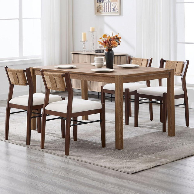 BESTANO Modern Armless Dining Chairs with Rope Woven Back Set of 4, White Chenille Upholstered Kitchen & Dining Room Chairs, Mid-Century Classic Farmhouse Wooden Side Chair
