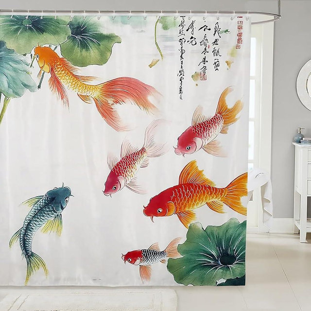 Feelyou Goldfish Shower Curtain 72"x84" Lotus Leaf Pond Bath Curtain for Boys Girls Teens Chinese Style Bathroom Shower Curtain Set Chinese Oriental Traditional Culture Kids Bathroom Accessories