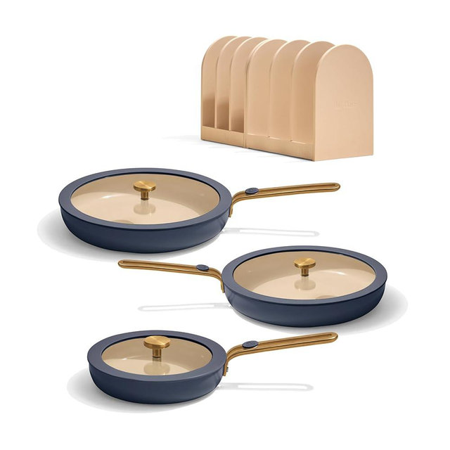 Our Place 8-Piece Essentials Complete Cookware Set - Ceramic Fry Pan Trio & Modular Rack Storage | Nontoxic Thermakind™ Nonstick, Oven Safe up to 450°F & Compatible with All Cooktops | Blue Salt