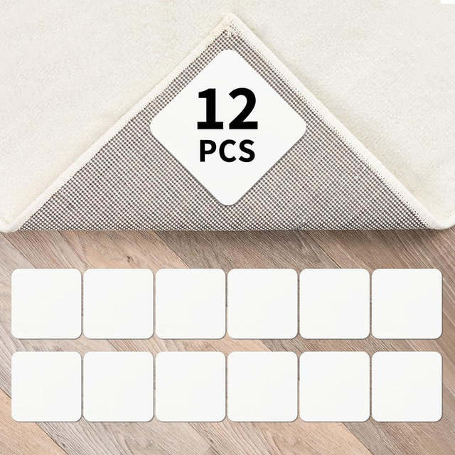 Rug Tape for Hardwood Floor, 12 PCS Reusable Non Slip Rug Pad for Home & Office, Residue Free No Damage Rug Tape Keep Your Rug in Place & Make Corner Flat