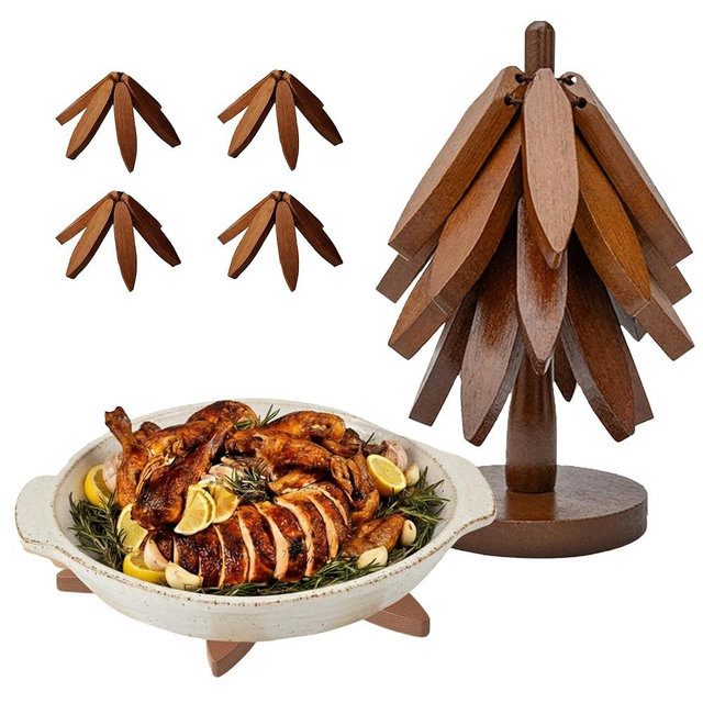 Wooden trivets for hot Dishes – 4 Tree-Shaped Coasters & 1 Stand for Hot Pots, Dishes | Heat-Resistant, Space-Saving Pot Rest & Cozy Kitchen Decor, Tree Trivets for Counter + Special Bonus (Walnut)