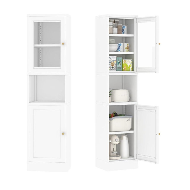 XIUSVON Tall Narrow Storage Cabinet - 67" Slim Bathroom Organizer with 3 Adjustable Shelves, 2 Doors (Left/Right Opening),Metal Floor Cabinet for Small Spaces, Bathroom & Kitchen (Glass, White)