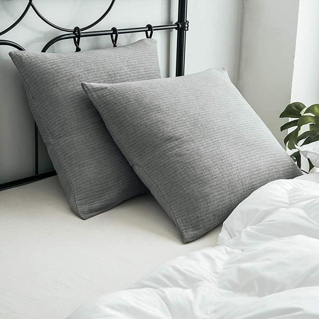 PHF Muslin Euro Sham, 26" x 26", Set of 2, Grey, Yarn Dyed, Decorative Euro Throw Pillow Covers for Couch Sofa Bed, No Filling