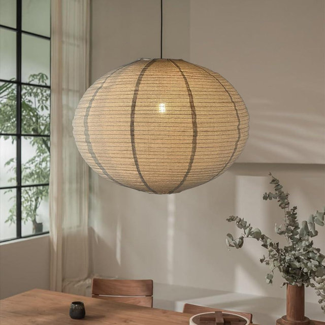 METHEDEECO Japanese Linen Pendant Light with Plug-in Cord E26 20INCH Wabi-Sabi Linen Lantern Lamp Handcrafted Ceiling Light Fixture for Bedroom Living Room