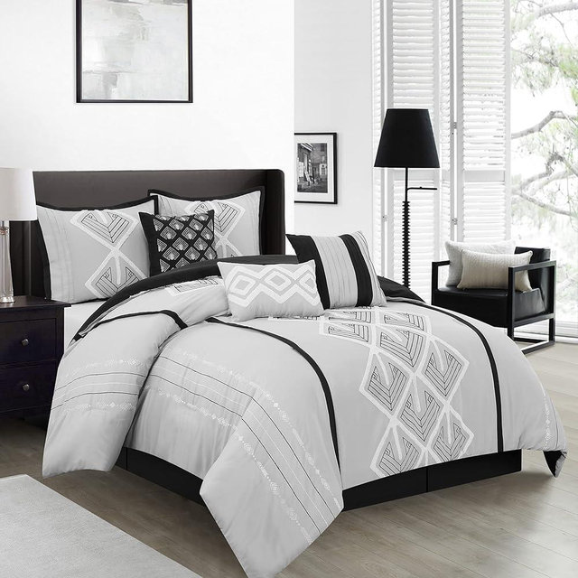 Grand Avenue Black/Grey Geometric Queen Bed Comforter Set, 7 Piece, Terry Embroidery Pillow Sham, Bedskirt, Decorative Pillow, Ultra Soft Home Decor