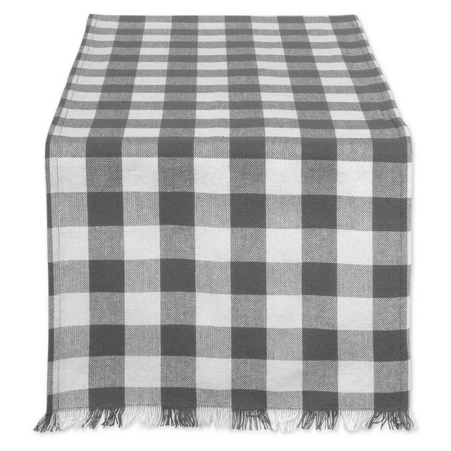 Design Imports 108-Inch Check Fringed Table Runner in Grey/White