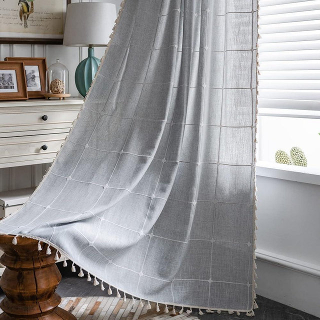 ColorBird Farmhouse Semi-Blackout Window Curtains 2 Panels Embroidery Lattice Cotton Linen Darkening Curtains with Tassel Rod Pocket Window Drapes for Dining Living Bedroom (52" W x 63" L, Grey)