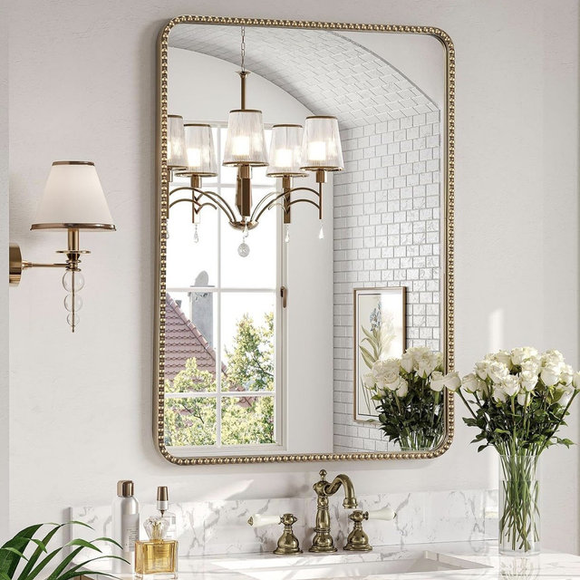 24"x30" Champagne Bronze Mirrors for Bathroom, Brass Vintage Bathroom Wall Mirror with Beaded Frame, Gold Beaded Mirror for Vanity Ornate Bedroom