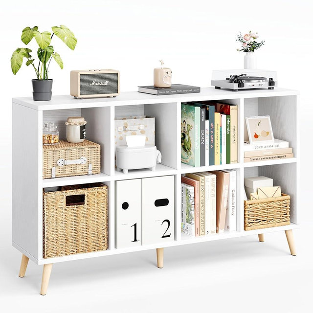Flrrtenv 8-Cube Bookshelf 2 Tier Modern Bookcase with Legs, 11in Shelf Opening, 47" Wood Bookshelves Storage Organizer Shelf, Freestanding Open Book Shelves for Bedroom Living Room Office, White
