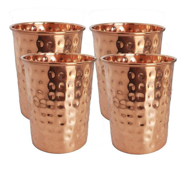 A American Ayurveda Handcrafted Premium Quality, Unlined, 99% Pure Copper Cups, Glasses Moscow Mule Tumbler, Minimalist Design (4 pack, 99% Pure Copper Hammered Finish)