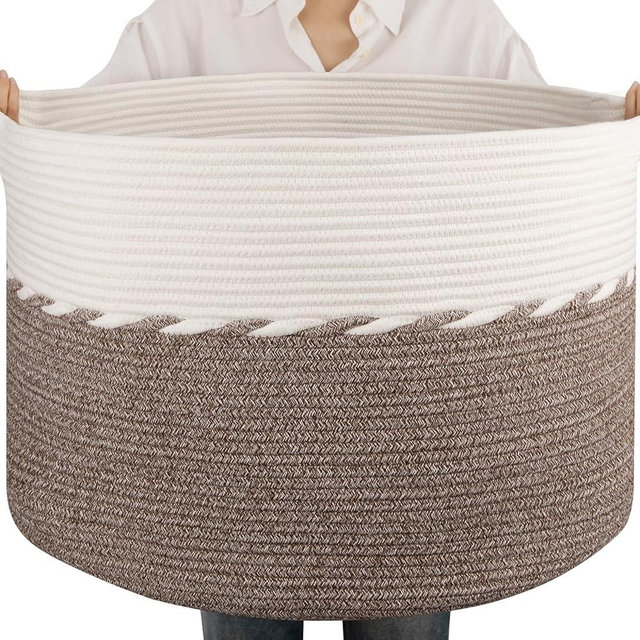 OIAHOMY 105L Blanket Basket for Living Room, Large Basket 23.6" x 23.6" x 14.6" with Handle, Laundry Hamper for Blankets, Pillows, Toy Storage for Kids, Dogs - Brown & White