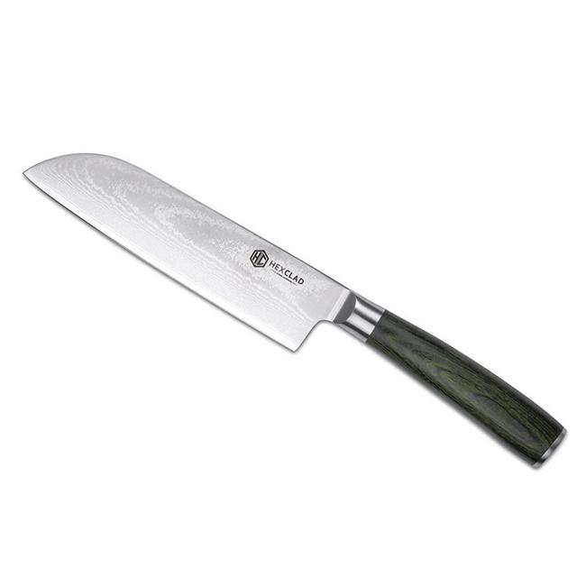 HexClad 7” Santoku Knife Japanese Damascus Stainless Steel Full Tang With Pakkawood Handle - Chef Knife, Super Sharp Multifunctional Chopping Knife for Meat Vegetable Fruit with Pakkawood Handle