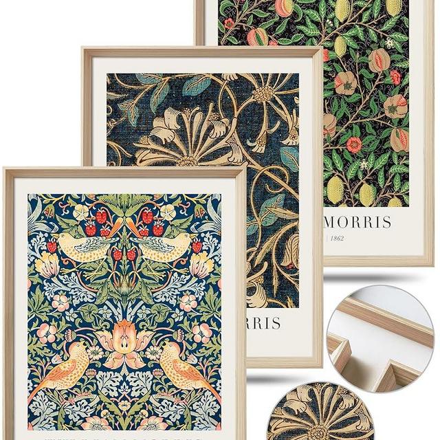 UPWOIGH Framed Vintage Wall Art, William Morris Wood Canvas Wall Decor, Gold Strawberry Thief Wall Art, Birds Botanical Cotton Prints Poster,16x12in