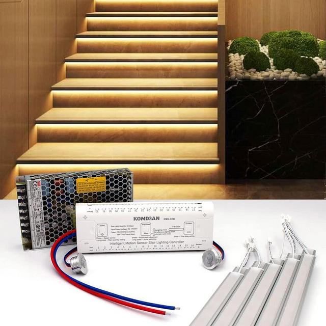 KOMIGAN Intelligent Motion Sensor Cascading Style LED Stair Lighting Kit KMG-3233, 23.6 Inch (60 cm) Length Aluminum LED Light Bar (Warm White 3000K, 10 Stairs)
