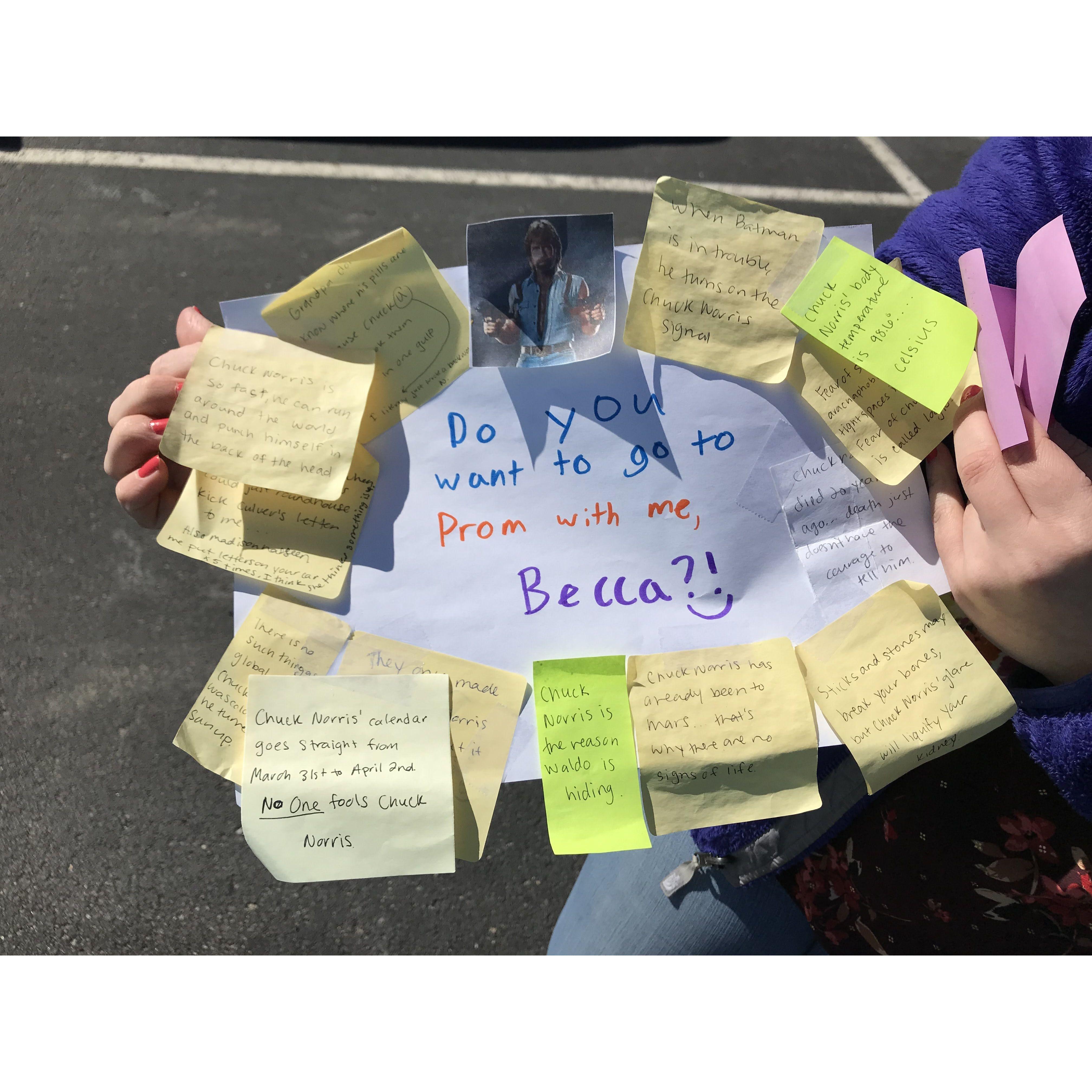 Becca had left Chuck Norris notes on Matthew's car anonymously to make him laugh. He later used some of them to ask her to prom.