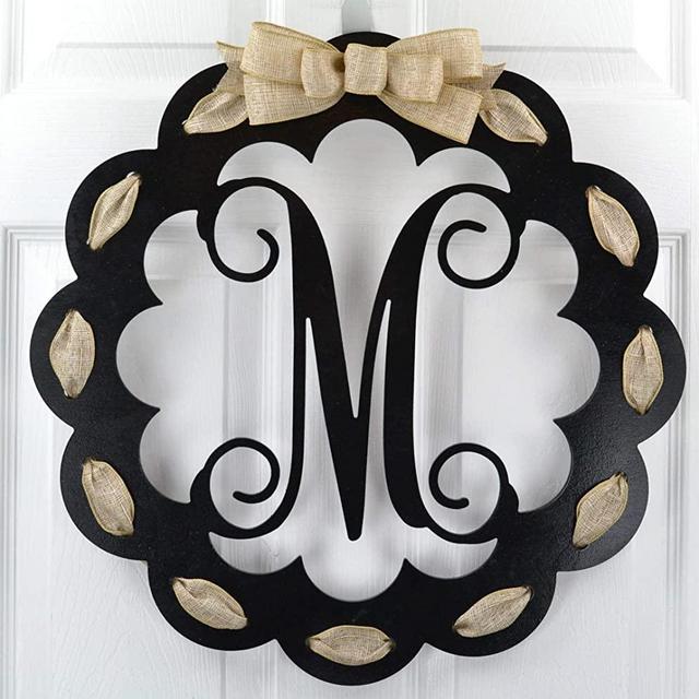 Letter M - Monogrammed Door Hanger | Mom Gift | Black and Burlap Everyday Year Letter Door Hanger