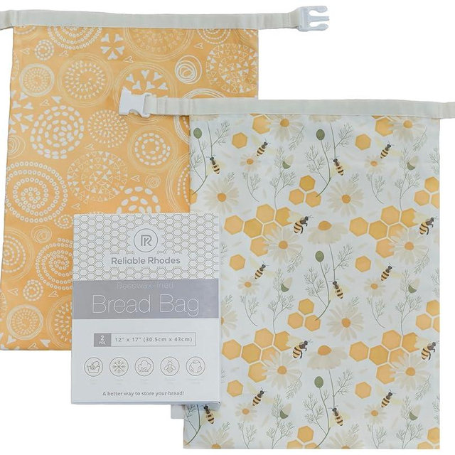 Reliable Rhodes Reusable Beeswax Bread Bag 2 Pack –12x17 Bread Bag for Homemade Sourdough, Beeswax Coated Organic Cotton Storage Bag for Loaf Baguette, Freezer Safe, Eco-Friendly Wrap Honeybee