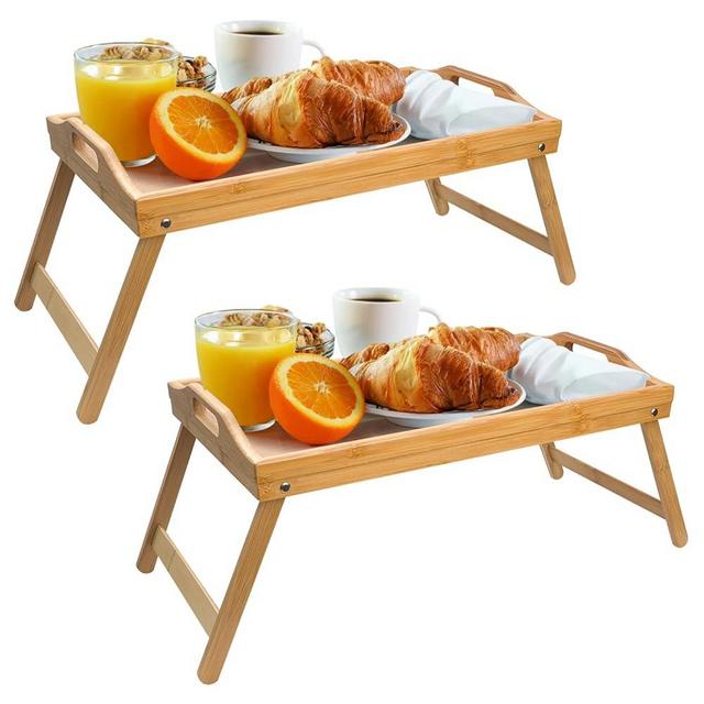 WRONWA 2 Pack Bed Tray Tables for Eating, 20 x 12 Inch Large Bamboo Breakfast Tray with Folding Legs and Handles, Portable Serving Tray for Bed Sofa