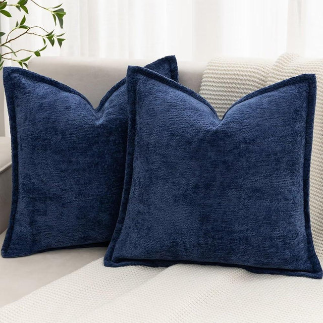 BAOLIZEGAO Navy Blue Decorative Throw Pillow Covers 20x20 Inch Set of 2 Cozy Soild Chenille Cushion Cases Soft Textured Square Couch Pillows Cover Boho Accent Farmhouse Pillowcases for Sofa Bed