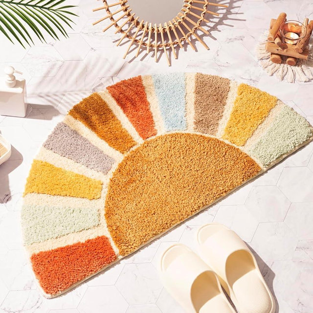 DyeFury Large 37" x 20" Sunrise Boho Bathroom Rugs,Half Circle Bath Mat Cute,Sun Bath Mats,Retro Bohemian Half Round Home Bathroom Decor,Small Colorful Fun Semi Round Shower Rug Non-Slip