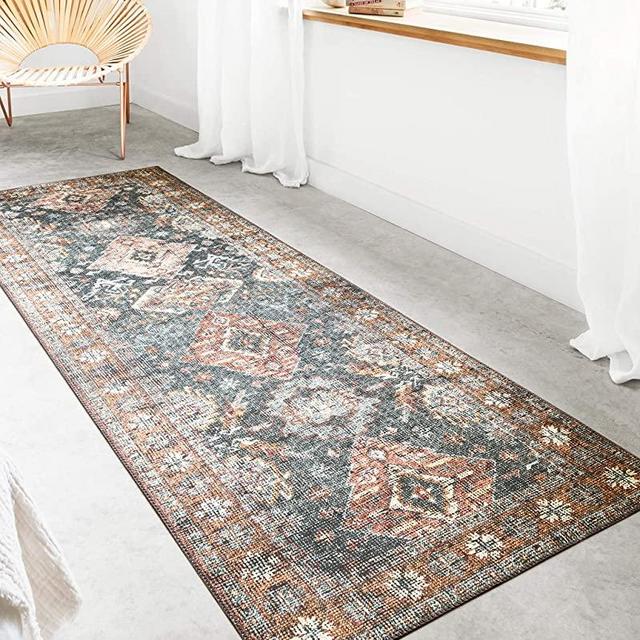 Loloi ll Skye Collection Printed Distressed Vintage Area Rug, 2'-6" x 7'-6", SEA/Rust
