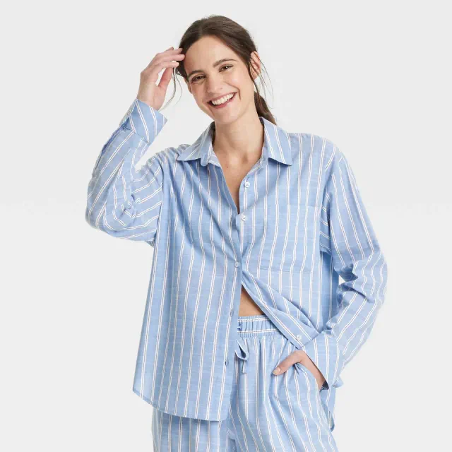 Women's Striped Cotton Blend Long Sleeve Pajama Shirt - Auden™ Light Blue L