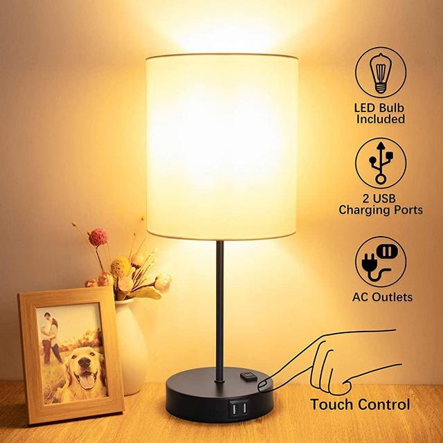Touch Control Table Lamp, USB Touch Lamp with AC Outlet, 3 Way Dimmable Bedside Nightstand Lamp, LED Desk Lamp USB Reading Lamp Modern Lamp for Bedroom Living Room Office(Bulb Included)