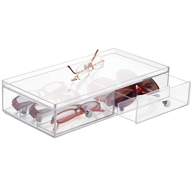 mDesign Wide Stackable Plastic Eye Glass Storage Organizer Box Holder for Sunglasses, Reading Glasses, Accessories - 2 Divided Drawers, Chrome Pulls - Clear