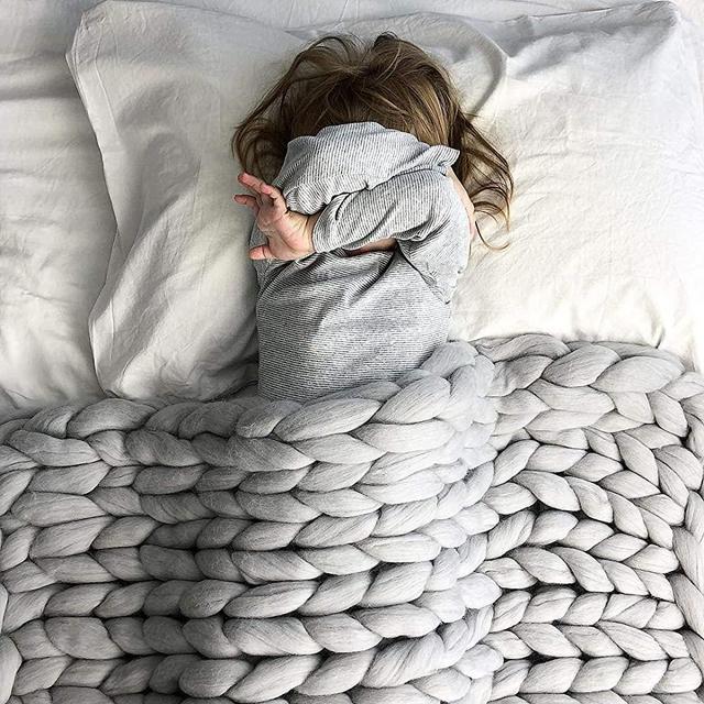 Chunky Knit Blanket Merino Wool Hand Made Throw Boho Bedroom Home Decor Giant Yarn,Grey,60"x60"