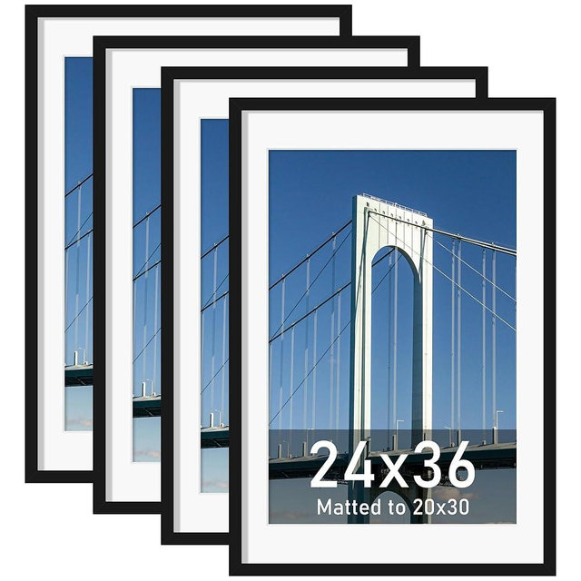 Wiscet 24x36 Poster Frame Set of 4, Display Picture 20x30 with Mat or 24 x 36 Without Mat, Photo Frame for Horizontal or Vertical Wall Display, Black