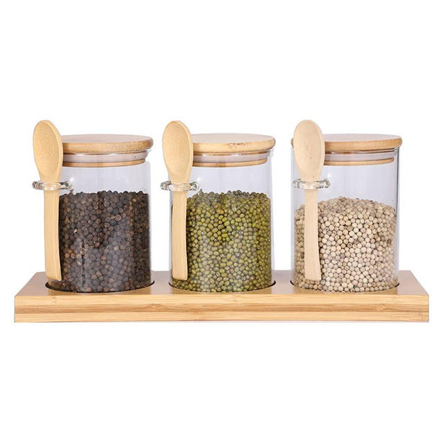 GURUDAR Glass Spice Storage Container with Spoon, 3PCS 20oz Airtight Sealed Condiment Jar with Tray, Kitchen Pantry Seasoning Canister Set for Salt Coffee Sugar Tea & Bathroom Cotton Swab Ball