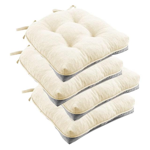downluxe Indoor Chair Cushions for Dining Chairs, Tufted Overstuffed Textured Memory Foam Kitchen Chair Pads with Ties and Non-Slip Backing, 15.5" x 15.5" x 4", Beige, 4 Pack
